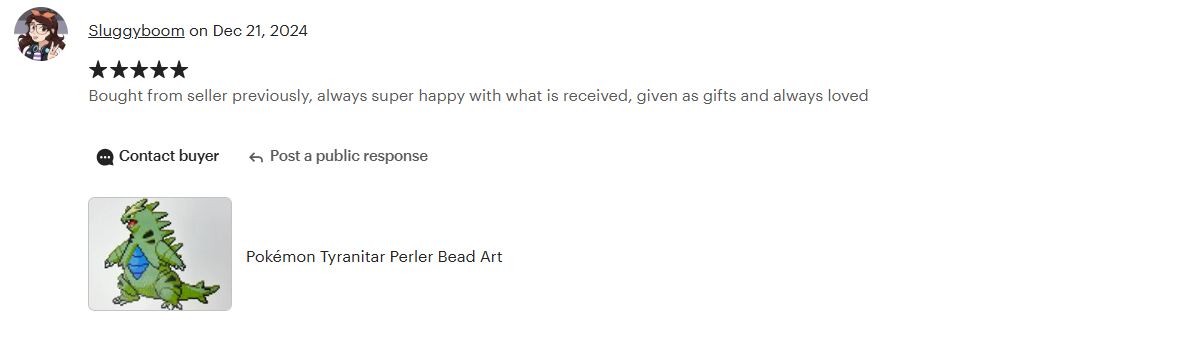 An Etsy review for the Pokémon Tyranitar made out of Perler beads. The review is 5-stars and reads: Bought from seller previously, always super happy with what is received, given as gifts and always loved